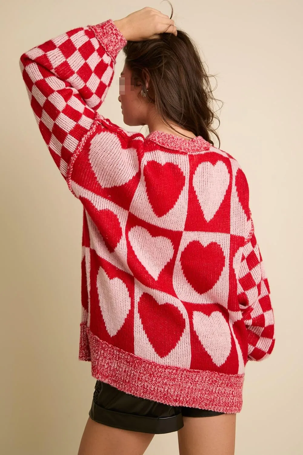 Women Checkered Holiday Oversized Sweater Cute Plaid Print Crewneck Sweatshirt Y2k Knit Puff Sleeve Chunky Jumpers