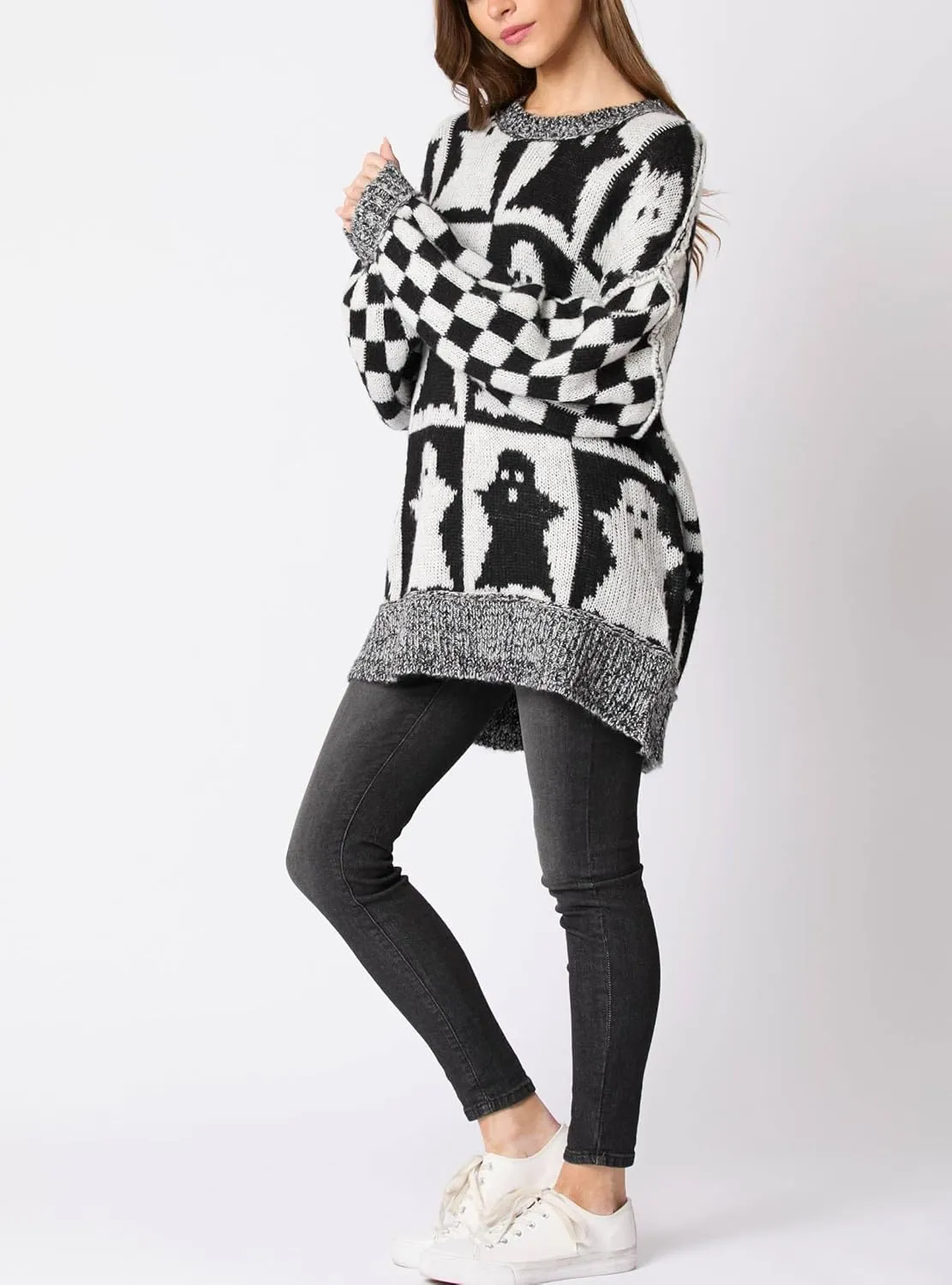 Women Checkered Holiday Oversized Sweater Cute Plaid Print Crewneck Sweatshirt Y2k Knit Puff Sleeve Chunky Jumpers