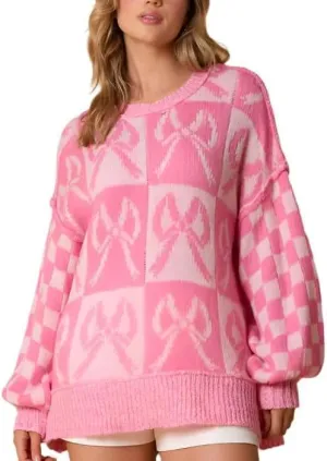Women Checkered Holiday Oversized Sweater Cute Plaid Print Crewneck Sweatshirt Y2k Knit Puff Sleeve Chunky Jumpers