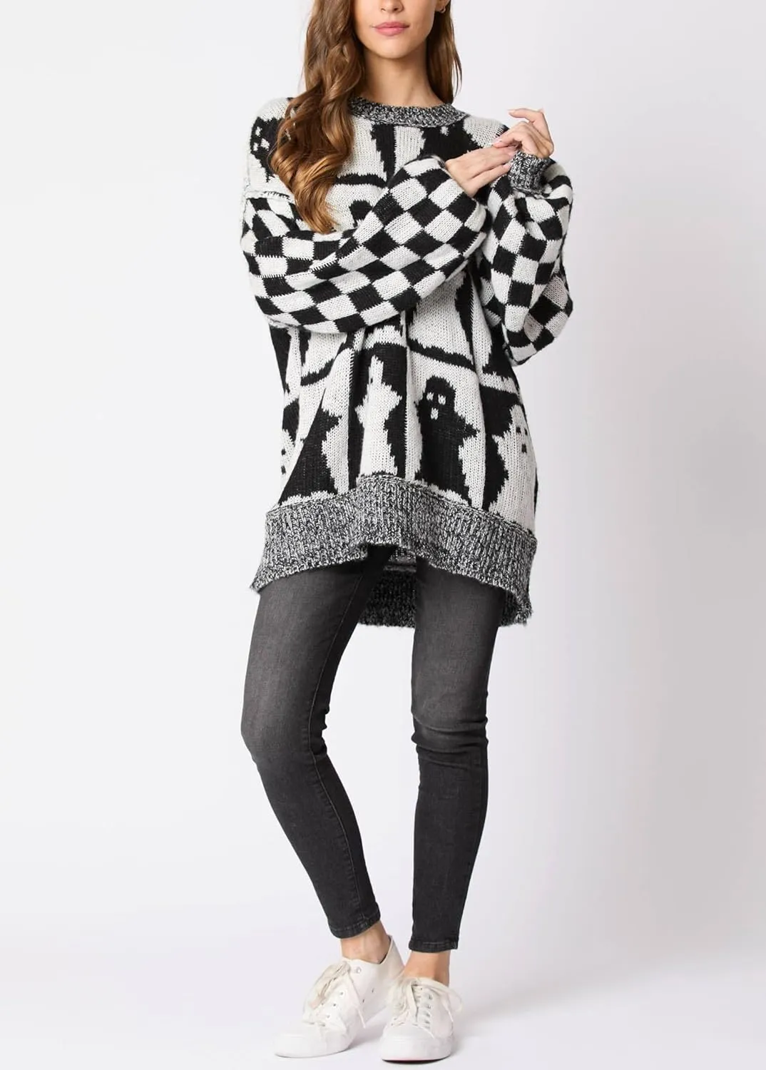 Women Checkered Holiday Oversized Sweater Cute Plaid Print Crewneck Sweatshirt Y2k Knit Puff Sleeve Chunky Jumpers