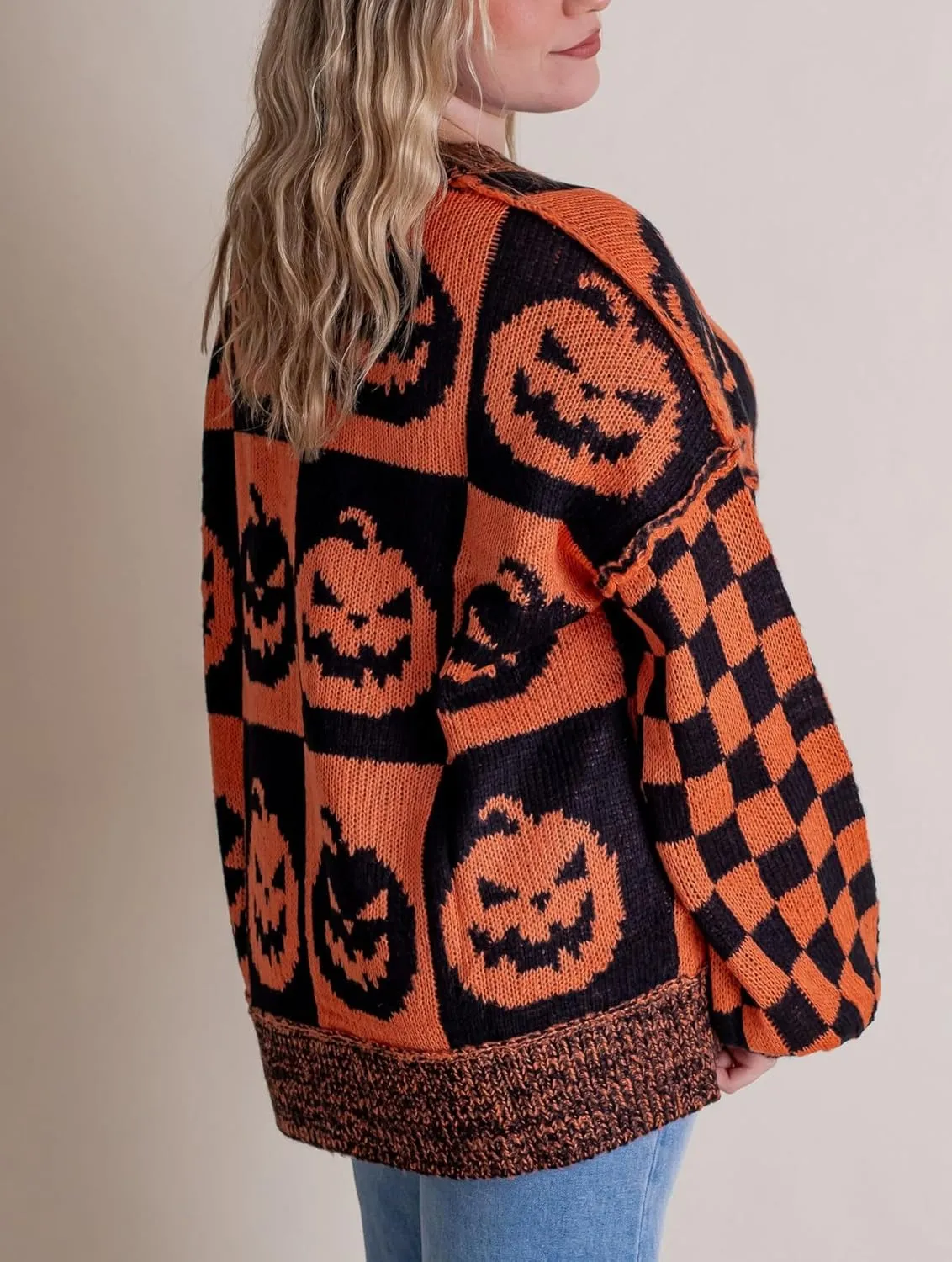 Women Checkered Holiday Oversized Sweater Cute Plaid Print Crewneck Sweatshirt Y2k Knit Puff Sleeve Chunky Jumpers