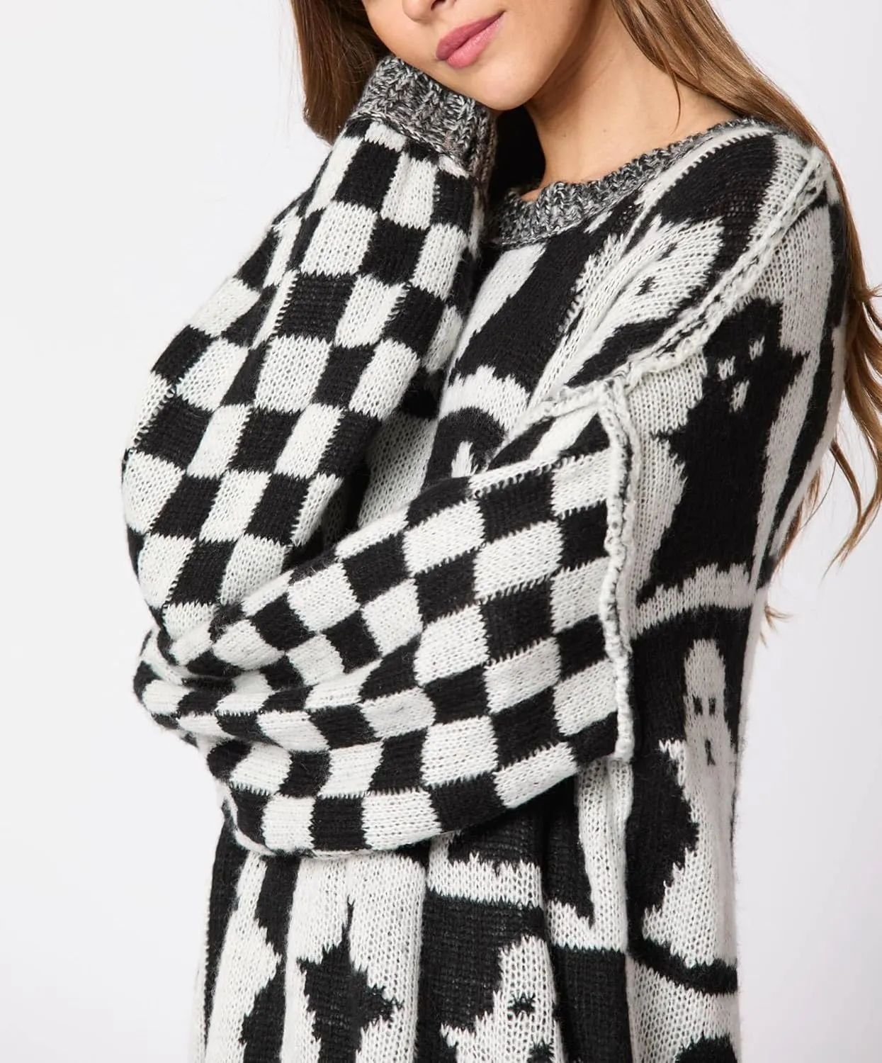 Women Checkered Holiday Oversized Sweater Cute Plaid Print Crewneck Sweatshirt Y2k Knit Puff Sleeve Chunky Jumpers