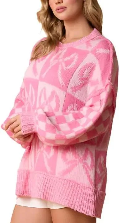 Women Checkered Holiday Oversized Sweater Cute Plaid Print Crewneck Sweatshirt Y2k Knit Puff Sleeve Chunky Jumpers