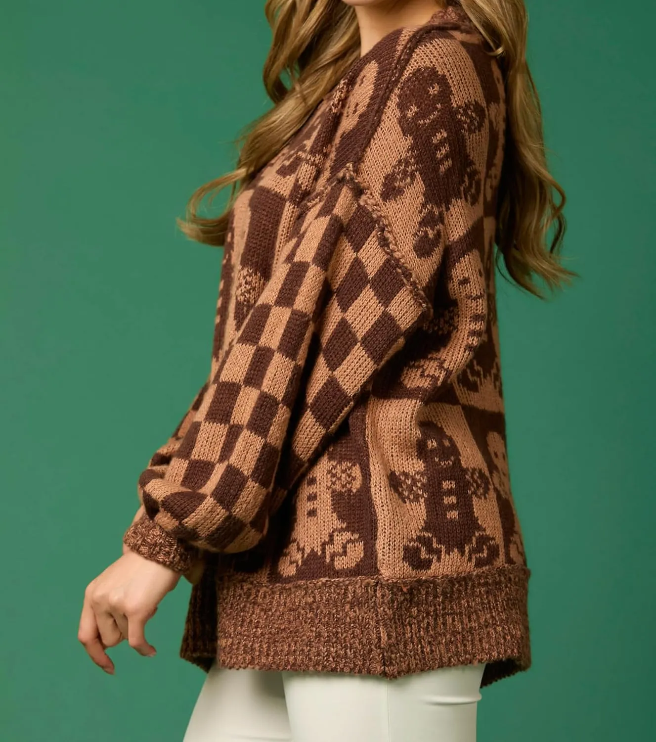 Women Checkered Holiday Oversized Sweater Cute Plaid Print Crewneck Sweatshirt Y2k Knit Puff Sleeve Chunky Jumpers