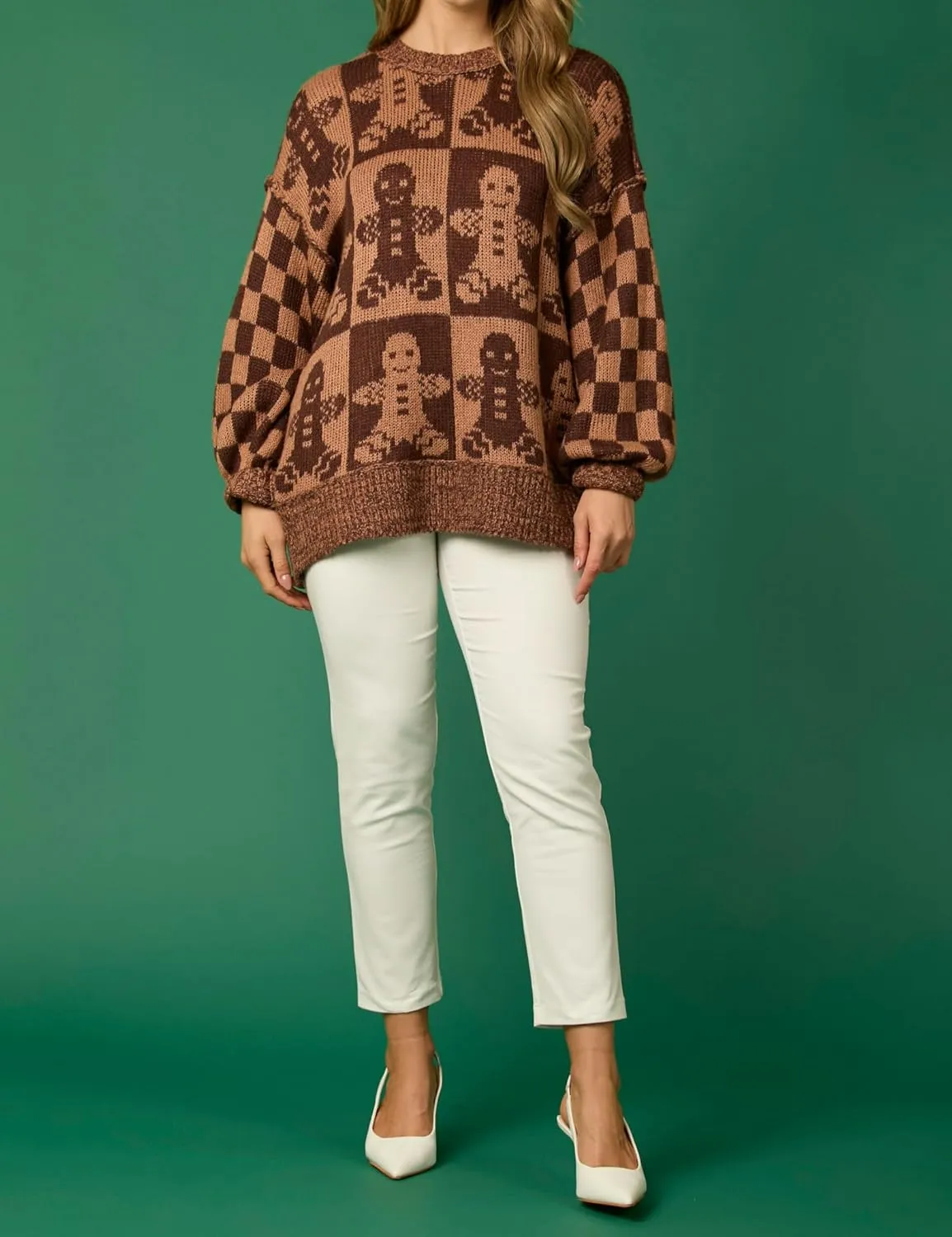 Women Checkered Holiday Oversized Sweater Cute Plaid Print Crewneck Sweatshirt Y2k Knit Puff Sleeve Chunky Jumpers