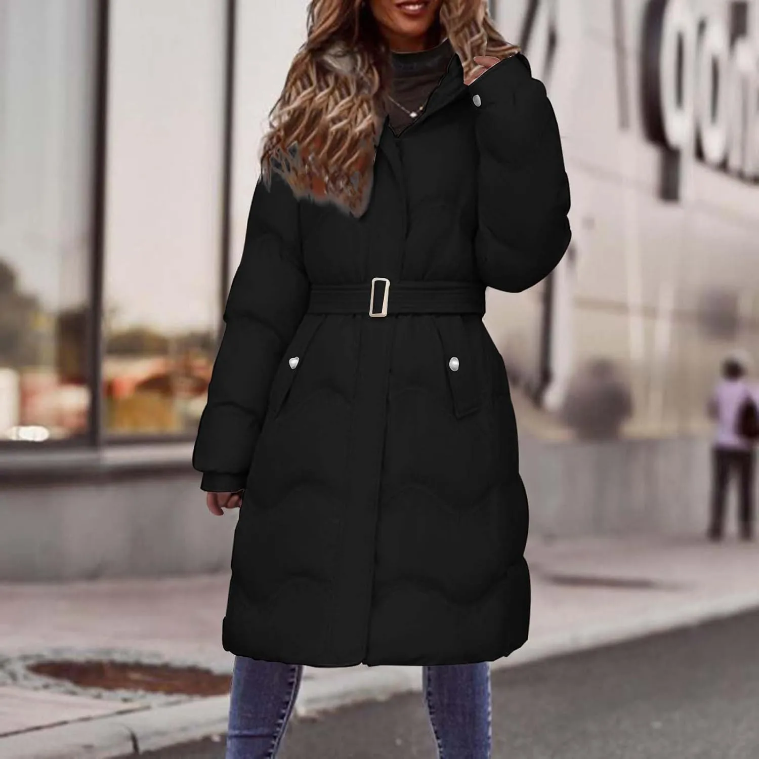 Women Down Jacket Thickened Knee-Length Quilted Puffer Jackets Warm Padded Winter Coat Hoodies Outerwear with Pockets