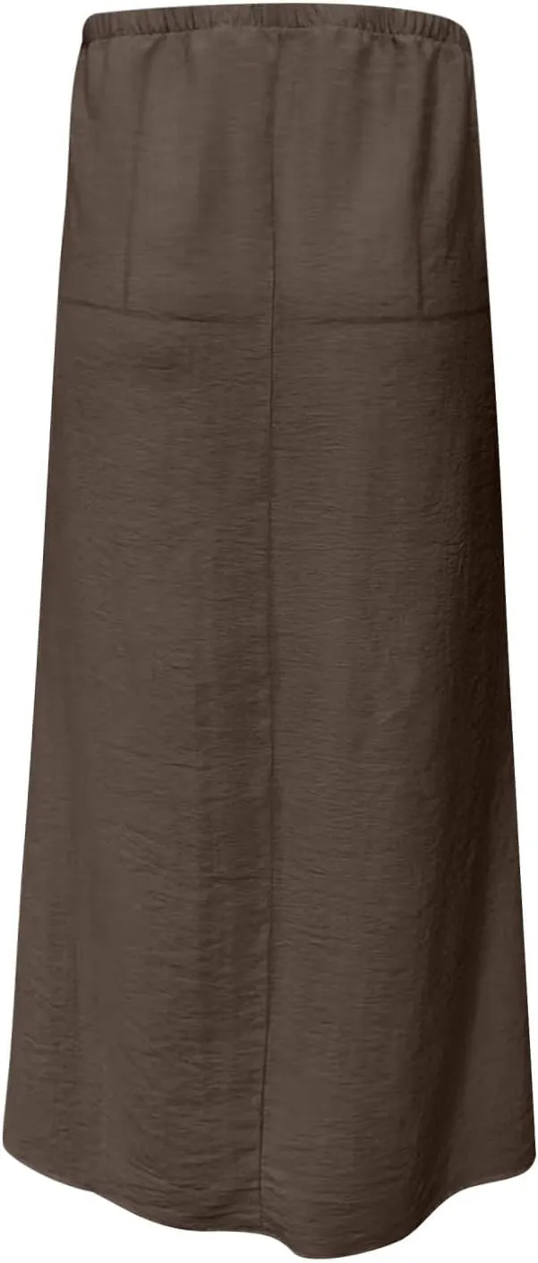 Women Faux Cotton Linen Maxi Skirts Trendy Elastic Waist Drawstring Tie-up Plain Comfy Summer A Line Long Skirt
