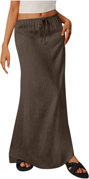 Women Faux Cotton Linen Maxi Skirts Trendy Elastic Waist Drawstring Tie-up Plain Comfy Summer A Line Long Skirt