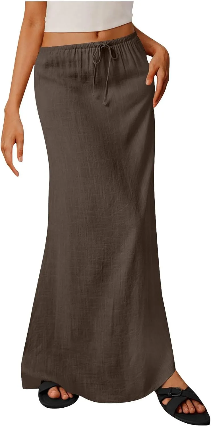 Women Faux Cotton Linen Maxi Skirts Trendy Elastic Waist Drawstring Tie-up Plain Comfy Summer A Line Long Skirt
