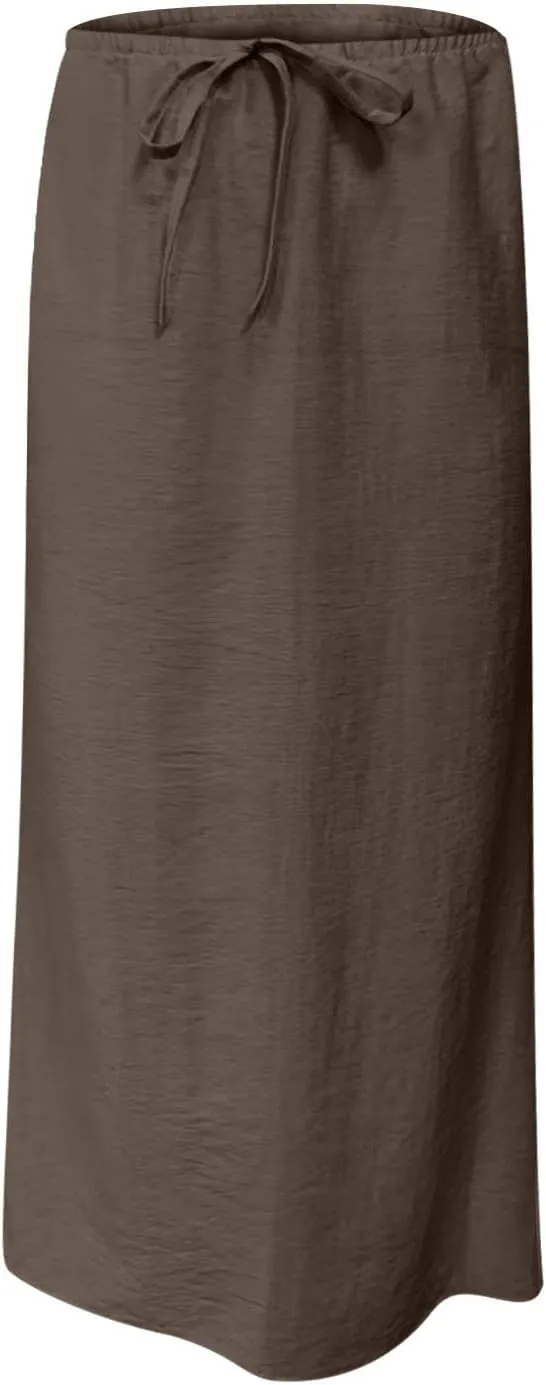 Women Faux Cotton Linen Maxi Skirts Trendy Elastic Waist Drawstring Tie-up Plain Comfy Summer A Line Long Skirt