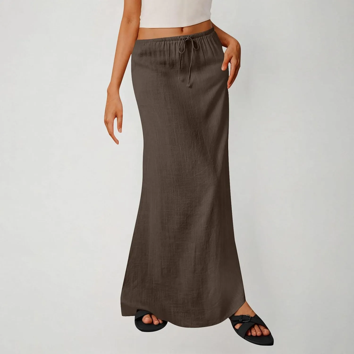 Women Faux Cotton Linen Maxi Skirts Trendy Elastic Waist Drawstring Tie-up Plain Comfy Summer A Line Long Skirt
