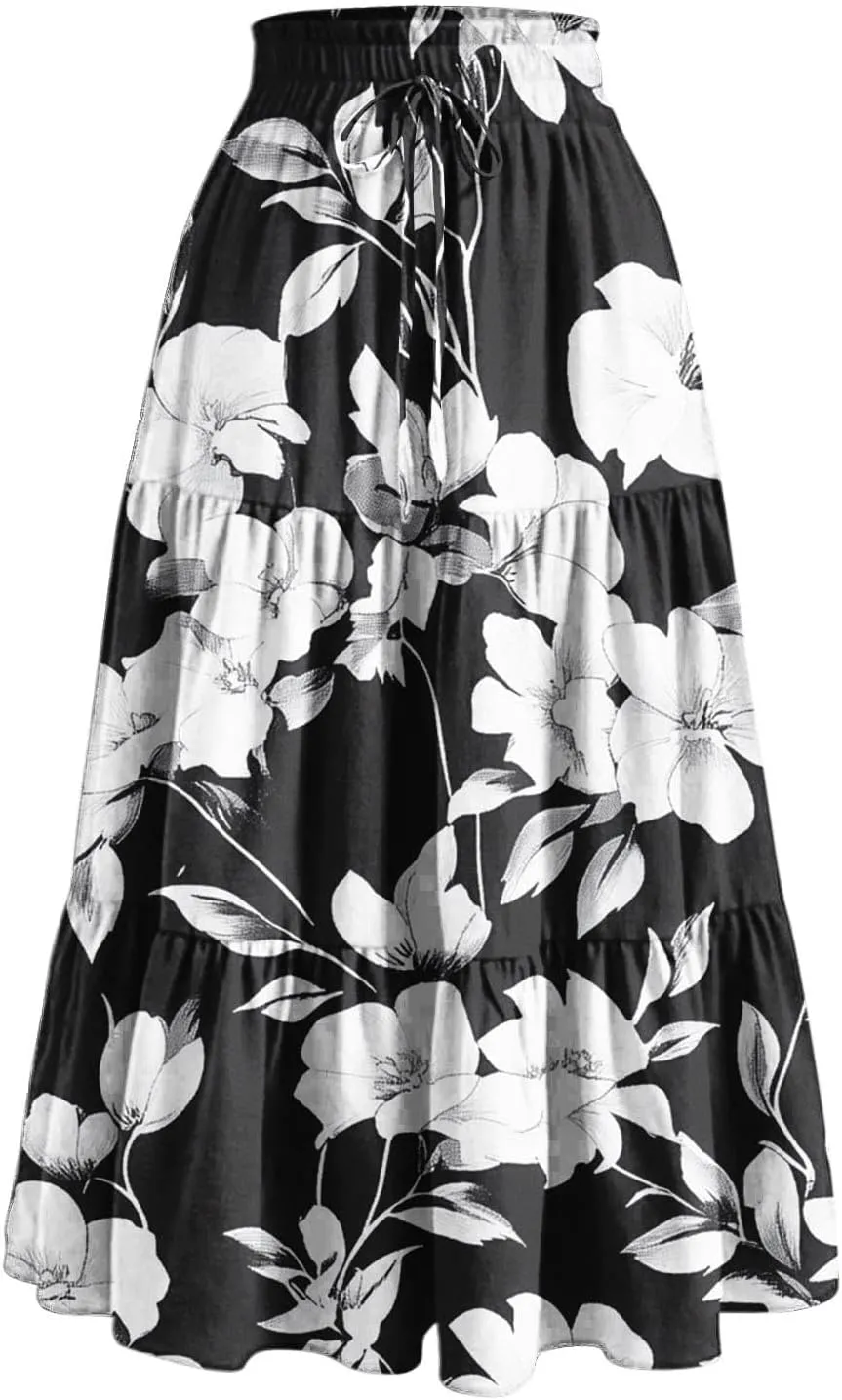 Women Floral Bohemian Maxi Skirts Summer Beach Hawaiian Boho Skirt 2025 Casual Holiday Long-Skirts for Vacation