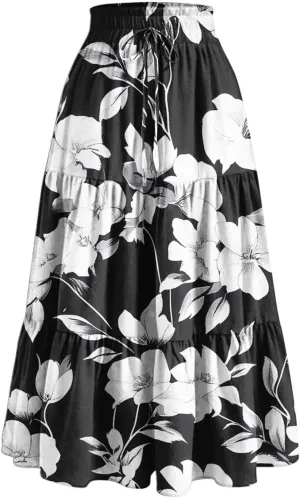Women Floral Bohemian Maxi Skirts Summer Beach Hawaiian Boho Skirt 2025 Casual Holiday Long-Skirts for Vacation