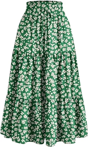 Women Floral Boho Long Skirts Drawstring Waist Vacation Hawaiian Maxi Skirt Flower Print Pleated Half Dress
