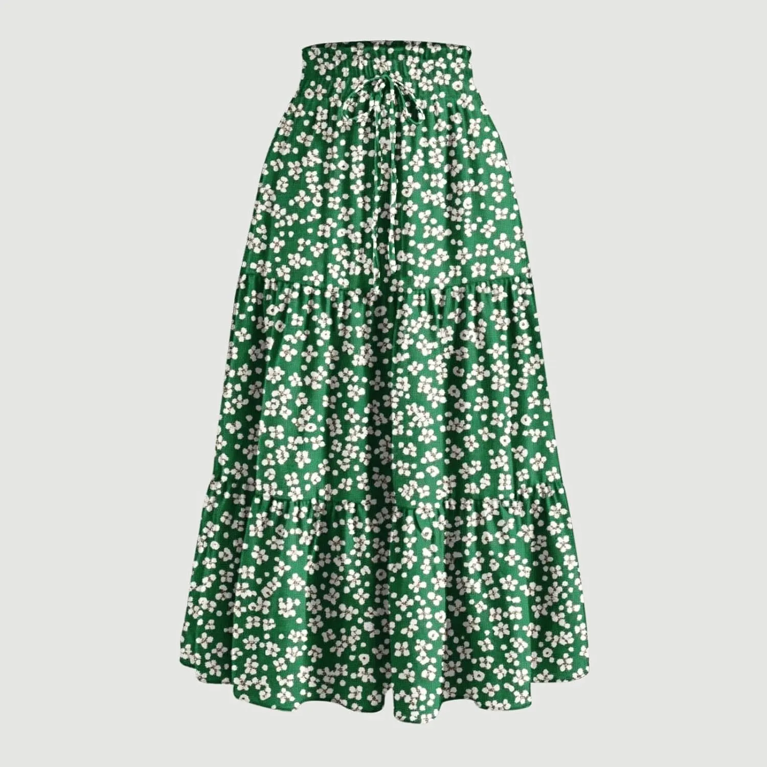 Women Floral Boho Long Skirts Drawstring Waist Vacation Hawaiian Maxi Skirt Flower Print Pleated Half Dress