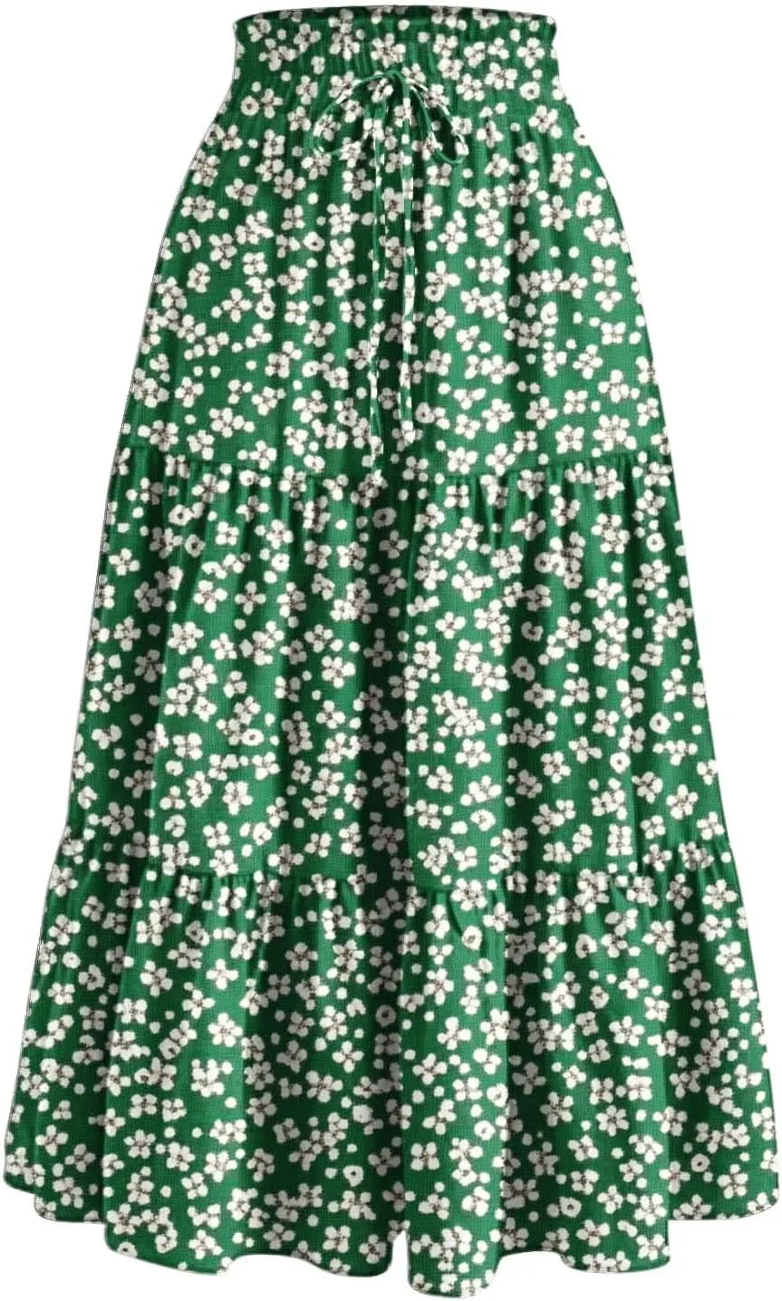 Women Floral Boho Long Skirts Drawstring Waist Vacation Hawaiian Maxi Skirt Flower Print Pleated Half Dress