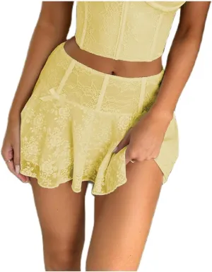 Women Floral Lace Ruffle Mini Skirt Y2K Fairy Layered Pleated Lace Skirt Low Rise Cute A-Line Flowy Short Skirt