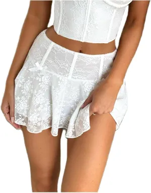 Women Floral Lace Ruffle Mini Skirt Y2K Fairy Layered Pleated Lace Skirt Low Rise Cute A-Line Flowy Short Skirt