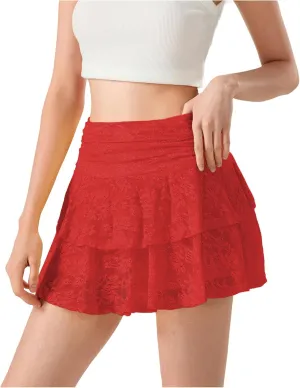 Women Floral Lace Ruffle Mini Skirt Y2K Fairy Layered Pleated Lace Skirt Low Rise Cute A-Line Flowy Short Skirt