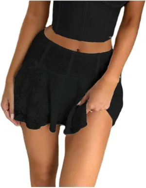 Women Floral Lace Ruffle Mini Skirt Y2K Fairy Layered Pleated Lace Skirt Low Rise Cute A-Line Flowy Short Skirt