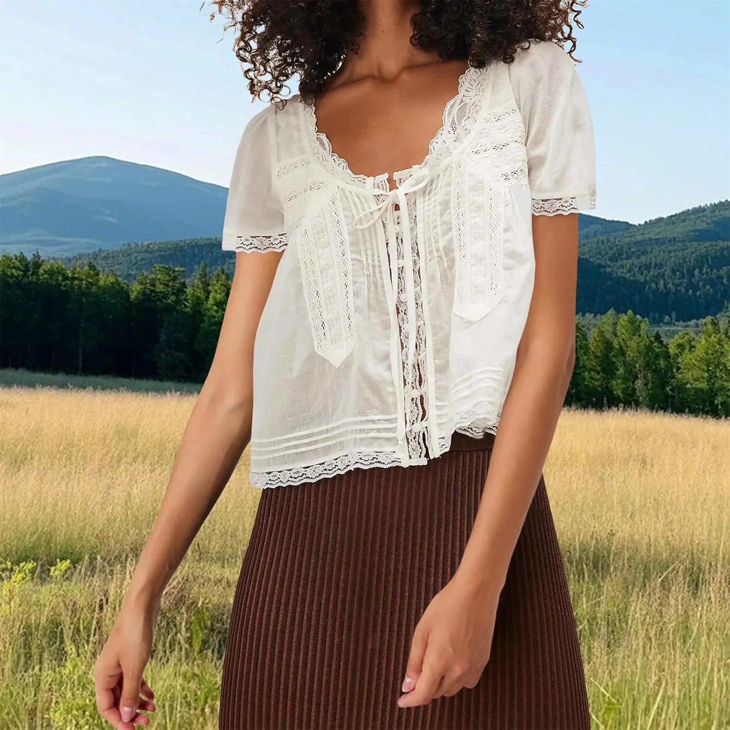 Women Flowy Sheer Lace Ruffle Tops Boho Tie Front Shirts Short Sleeve Eyelet Beach Blouses
