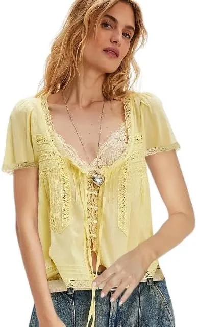 Women Flowy Sheer Lace Ruffle Tops Boho Tie Front Shirts Short Sleeve Eyelet Beach Blouses
