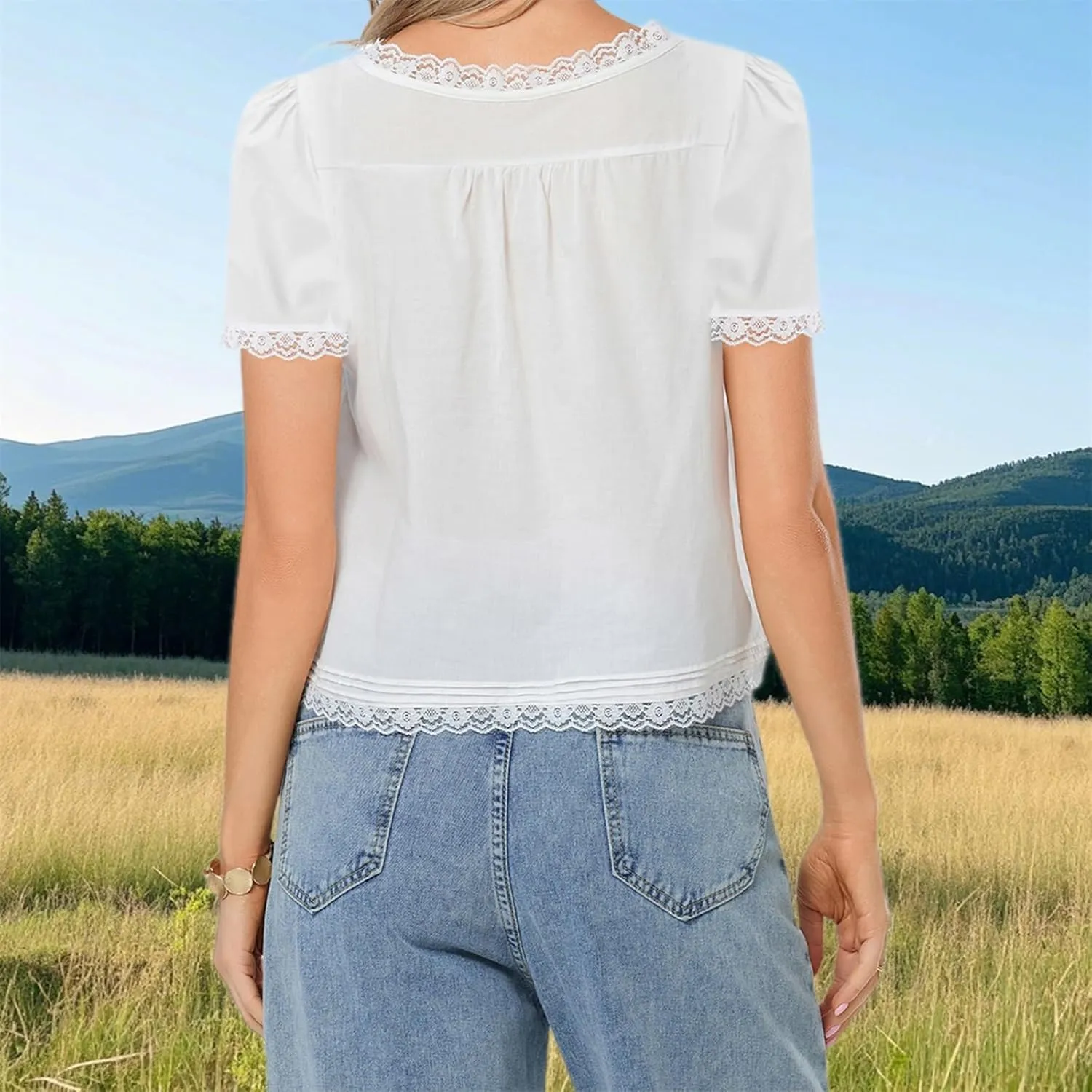 Women Flowy Sheer Lace Ruffle Tops Boho Tie Front Shirts Short Sleeve Eyelet Beach Blouses