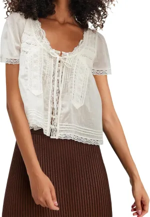 Women Flowy Sheer Lace Ruffle Tops Boho Tie Front Shirts Short Sleeve Eyelet Beach Blouses