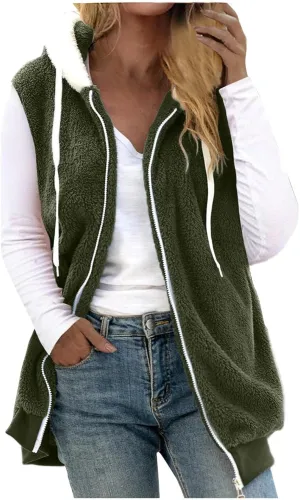 Women Fuzzy Fleece Vest Sleeveless Fleece Sherpa Jacket Flannel Plaid Jacket Plus Size Hooded Coat Faux Fur Zip Jacket