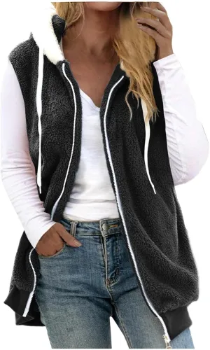 Women Fuzzy Fleece Vest Sleeveless Fleece Sherpa Jacket Flannel Plaid Jacket Plus Size Hooded Coat Faux Fur Zip Jacket