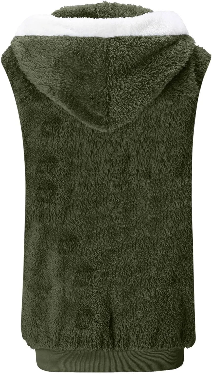 Women Fuzzy Fleece Vest Sleeveless Fleece Sherpa Jacket Flannel Plaid Jacket Plus Size Hooded Coat Faux Fur Zip Jacket