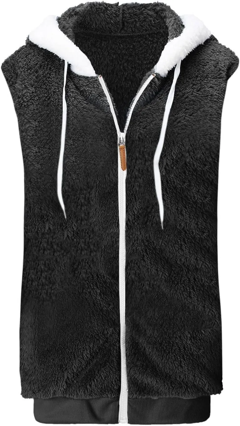 Women Fuzzy Fleece Vest Sleeveless Fleece Sherpa Jacket Flannel Plaid Jacket Plus Size Hooded Coat Faux Fur Zip Jacket