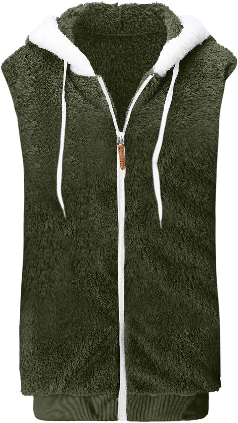 Women Fuzzy Fleece Vest Sleeveless Fleece Sherpa Jacket Flannel Plaid Jacket Plus Size Hooded Coat Faux Fur Zip Jacket