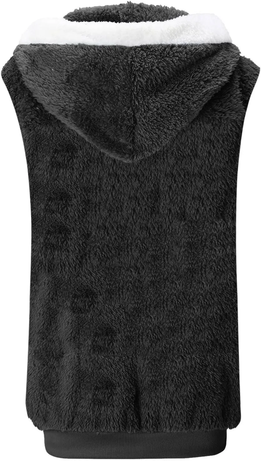 Women Fuzzy Fleece Vest Sleeveless Fleece Sherpa Jacket Flannel Plaid Jacket Plus Size Hooded Coat Faux Fur Zip Jacket