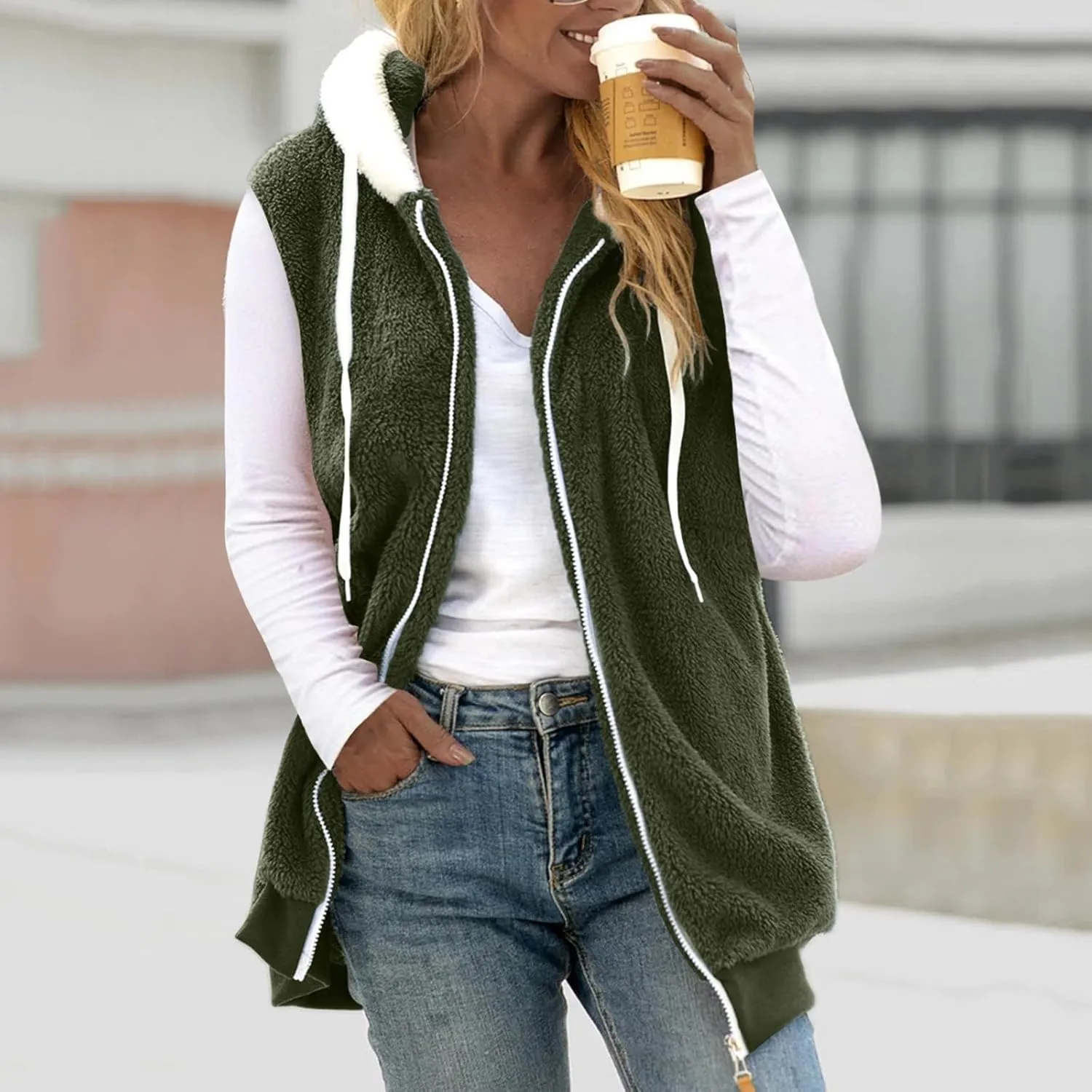 Women Fuzzy Fleece Vest Sleeveless Fleece Sherpa Jacket Flannel Plaid Jacket Plus Size Hooded Coat Faux Fur Zip Jacket