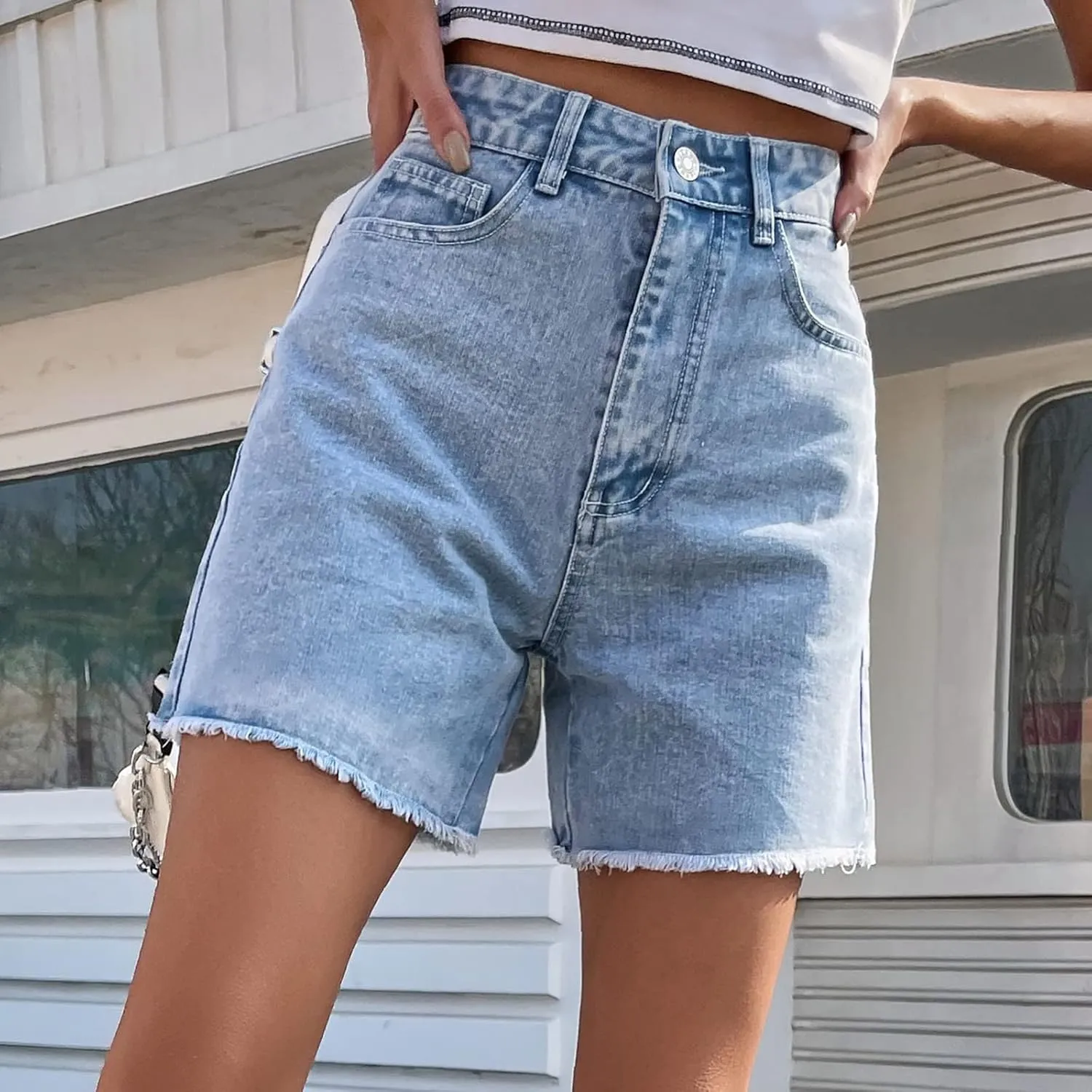 Women High Waisted Jean Shorts Baggy Casual Trendy Blue Denim Shorts Button Waistband Joggers Athletic Cut Off Shorts
