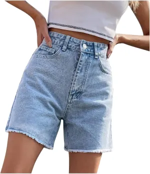 Women High Waisted Jean Shorts Baggy Casual Trendy Blue Denim Shorts Button Waistband Joggers Athletic Cut Off Shorts