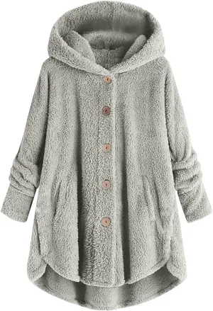 Women Hooded Fuzzy Jacket Oversized Fleece Sherpa Jacket Thicken Warm Jacket Botton Overcoat with Fur Hood S-5XL