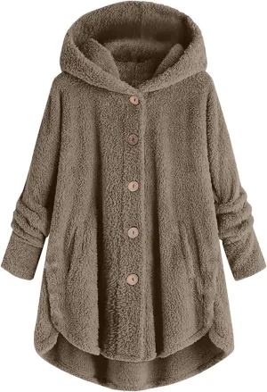 Women Hooded Fuzzy Jacket Oversized Fleece Sherpa Jacket Thicken Warm Jacket Botton Overcoat with Fur Hood S-5XL