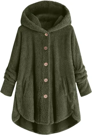 Women Hooded Fuzzy Jacket Oversized Fleece Sherpa Jacket Thicken Warm Jacket Botton Overcoat with Fur Hood S-5XL