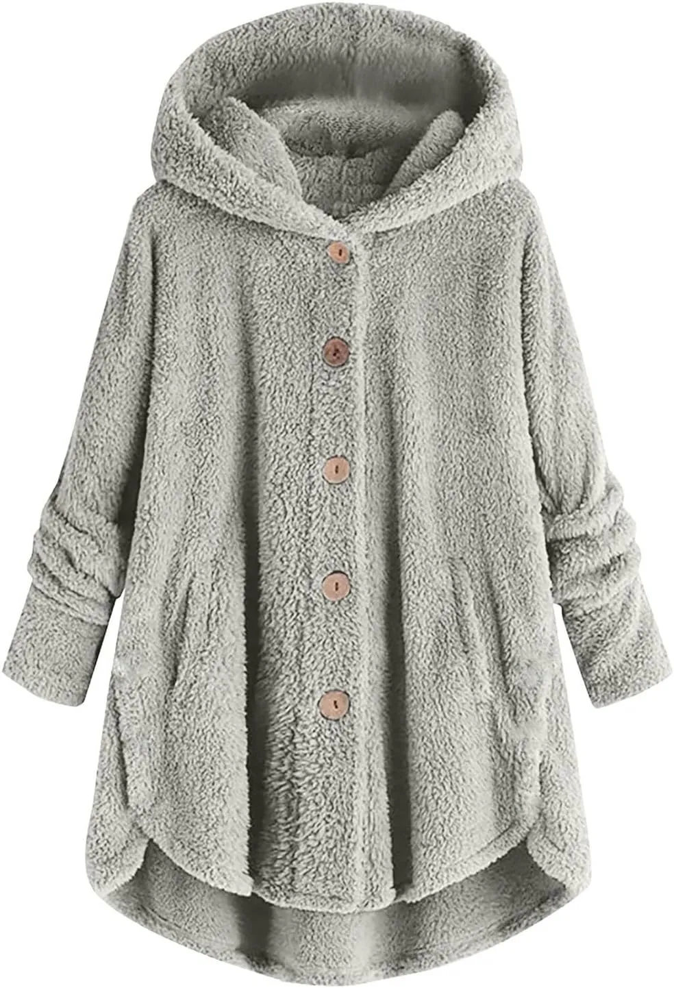 Women Hooded Fuzzy Jacket Oversized Fleece Sherpa Jacket Thicken Warm Jacket Botton Overcoat with Fur Hood S-5XL