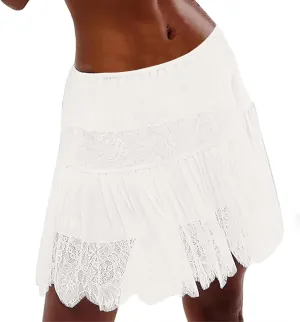 Women Lace Embroidered Tutu Skirt, Elastic Waist Irregular Hem Puffy Fairy Skirts Solid Color Versatile Party Clothes