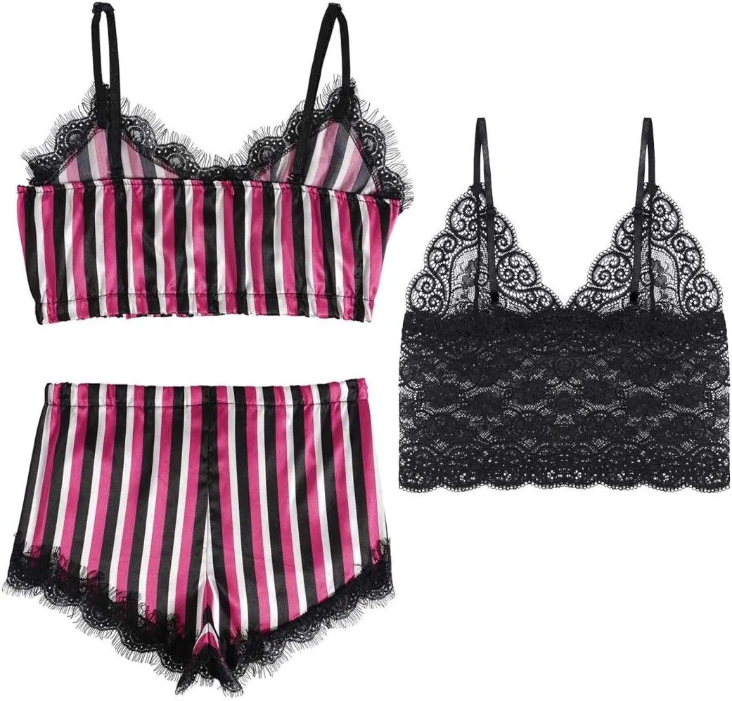 Women Ladies Sleeveless Lingerie Floral Lace Cami Bralette Lace Trim Briefs Pajamas Sets