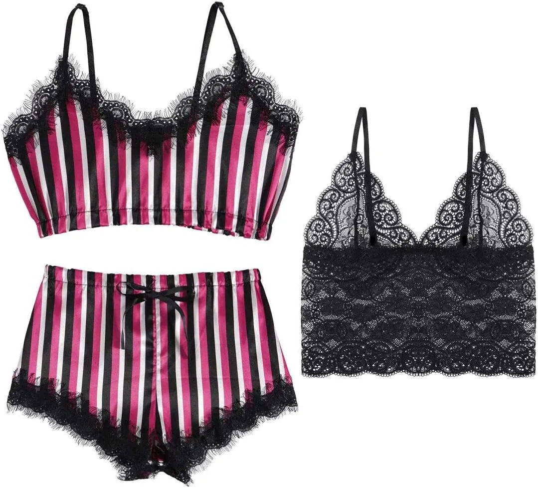 Women Ladies Sleeveless Lingerie Floral Lace Cami Bralette Lace Trim Briefs Pajamas Sets