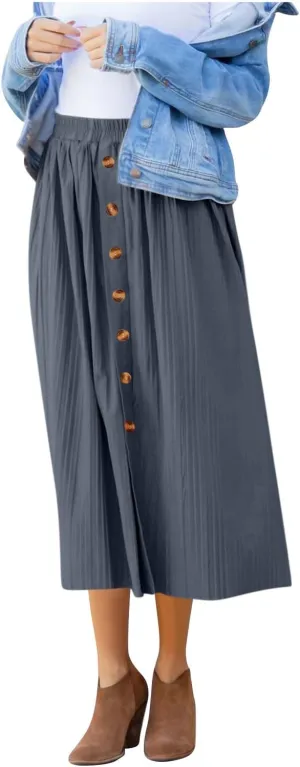 Women Lightweight Casual Flowy Long Skirt, Solid Color Basic Ruched Loose Summer Skirts Elastic Waist Comfy Breathable