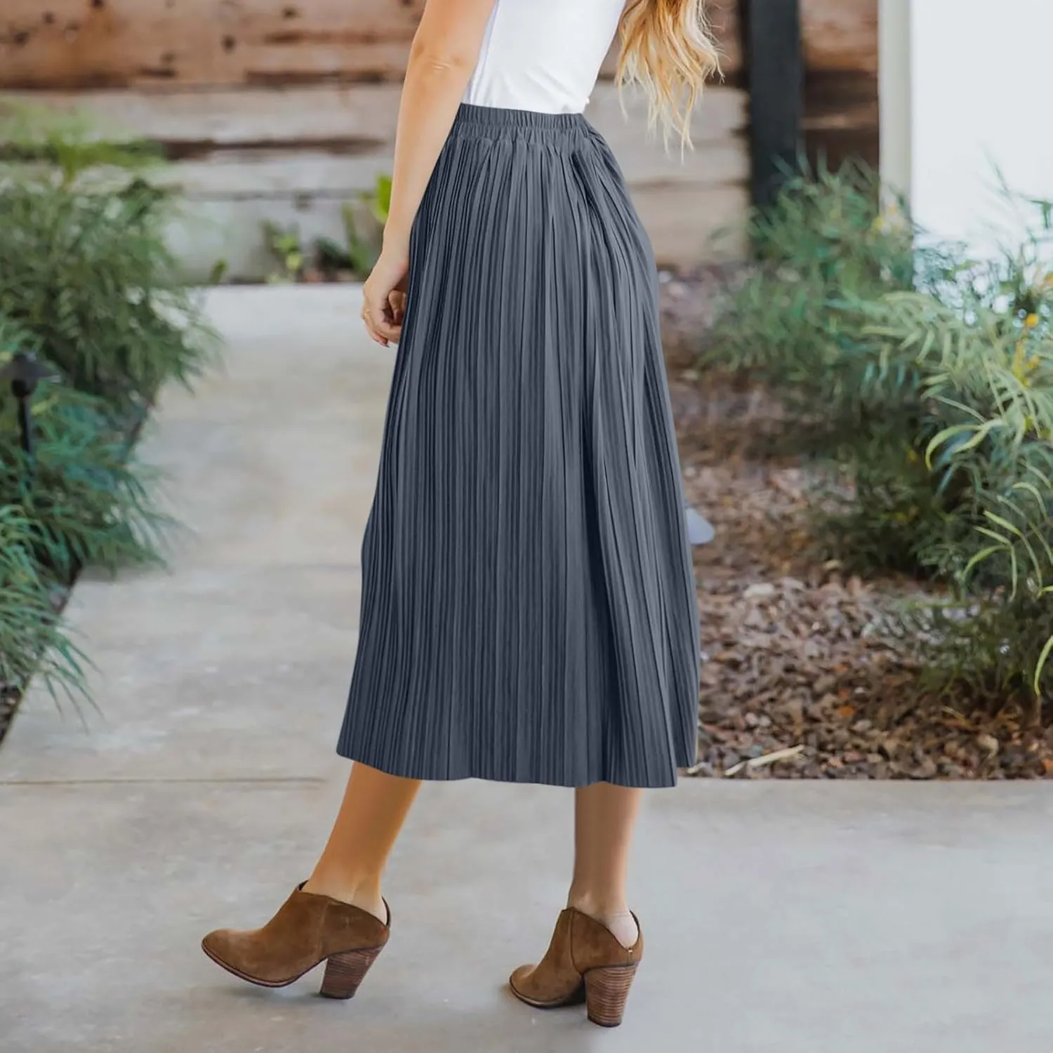 Women Lightweight Casual Flowy Long Skirt, Solid Color Basic Ruched Loose Summer Skirts Elastic Waist Comfy Breathable