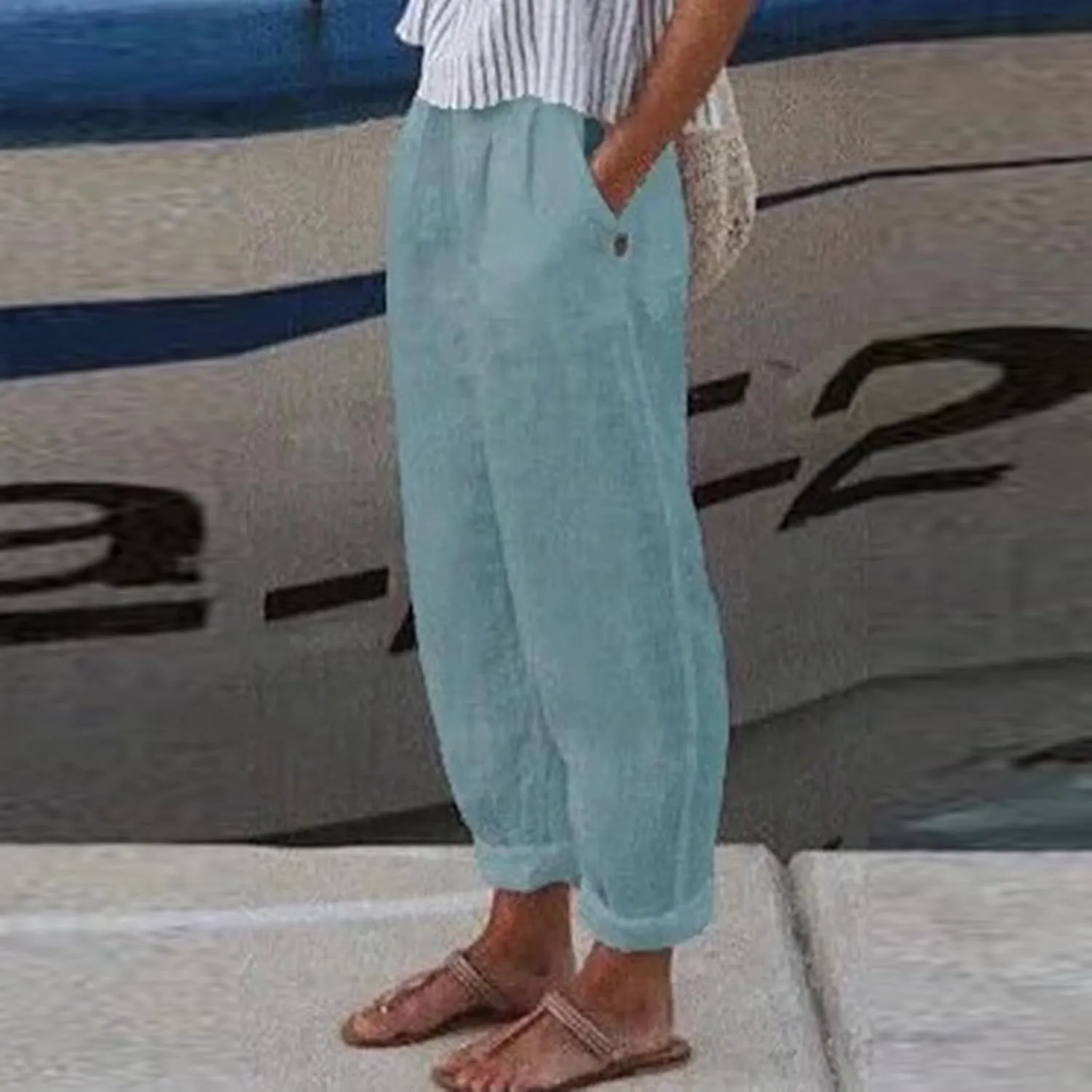 Women Linen Pants Summer Casual Long Pants with Pocket Cropped Comfy Baggy High Waisted Straight Leg Jogger Trousers