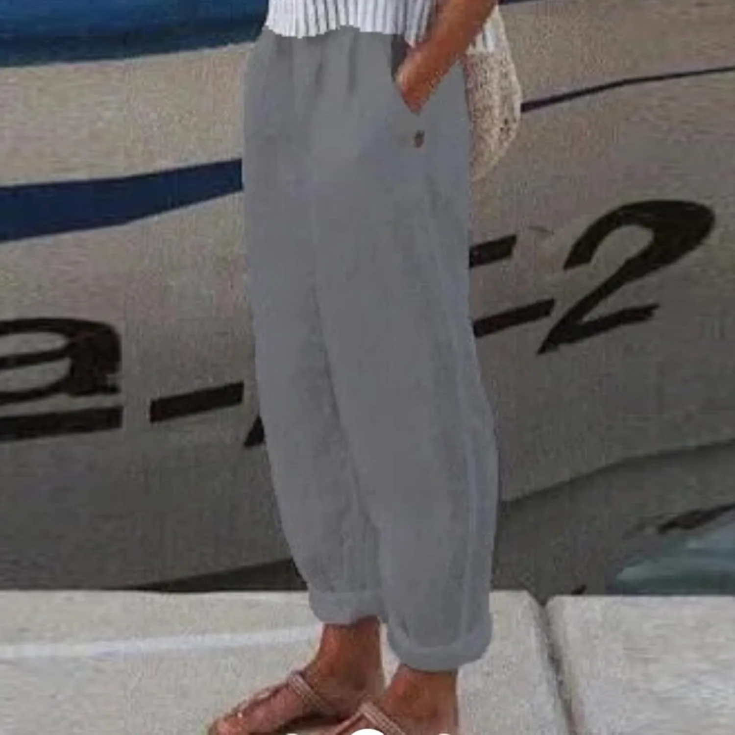 Women Linen Pants Summer Casual Long Pants with Pocket Cropped Comfy Baggy High Waisted Straight Leg Jogger Trousers