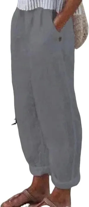 Women Linen Pants Summer Casual Long Pants with Pocket Cropped Comfy Baggy High Waisted Straight Leg Jogger Trousers