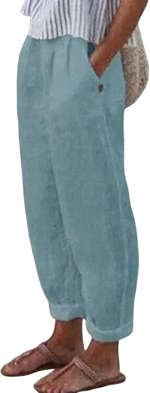 Women Linen Pants Summer Casual Long Pants with Pocket Cropped Comfy Baggy High Waisted Straight Leg Jogger Trousers